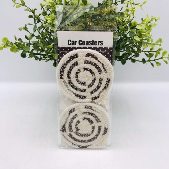 Rope Car Coasters Boho Brown Dots Cream One Set of 2 For Car Cup Holders - Picture 2 of 4